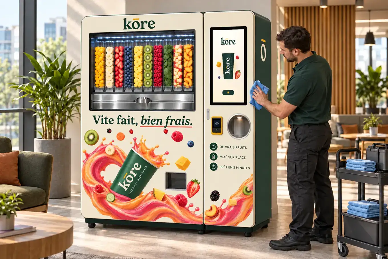 L’entretien du distributeur Kōre par un technicien, dans un lieu d’accueil (illustration)